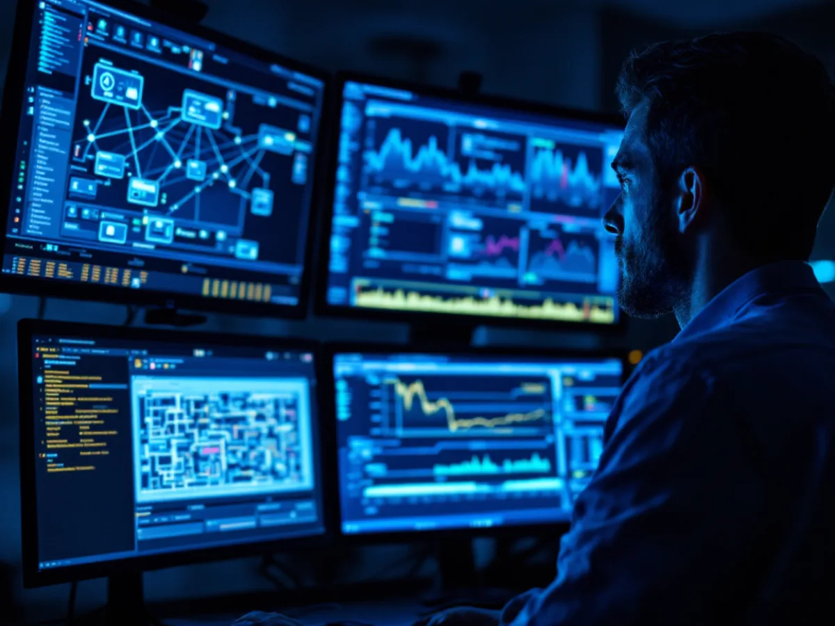 Security operations centre analyst monitoring network traffic dashboards and an industrial process diagram at night