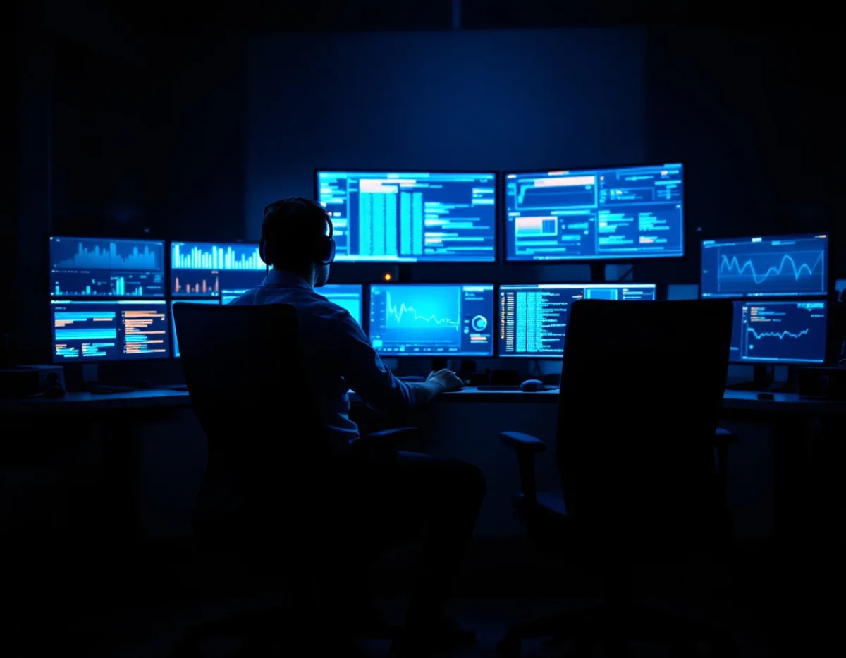A single security analyst monitoring dashboards overnight with empty chairs beside him