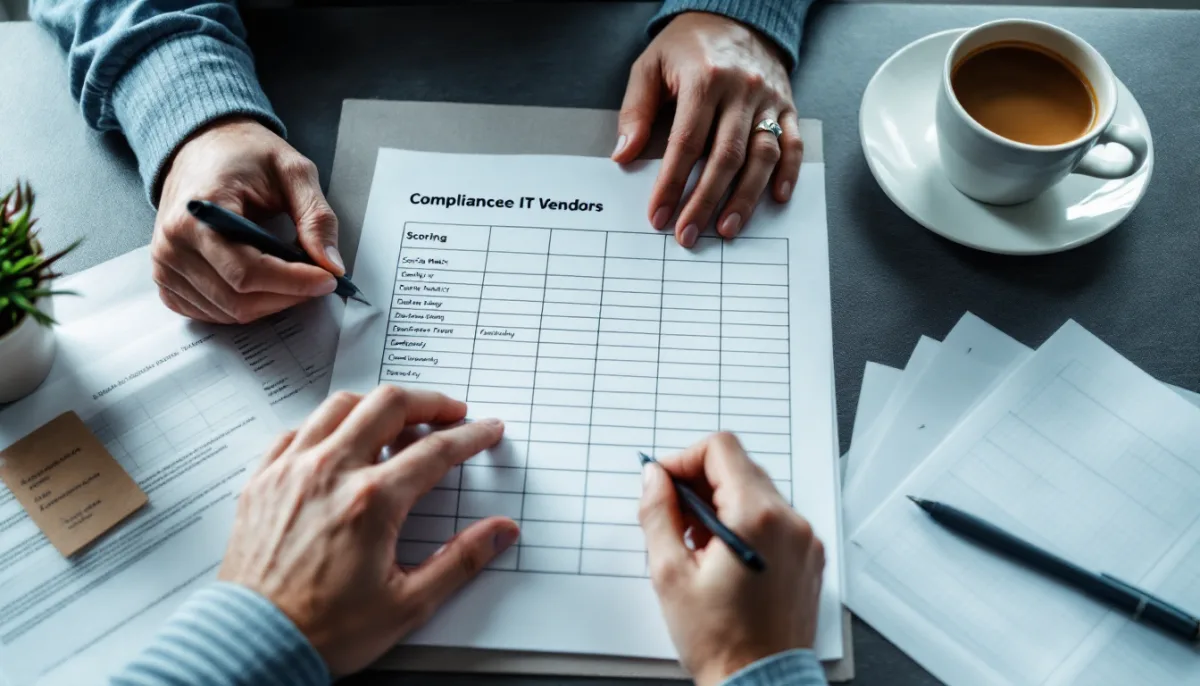 Healthcare IT vendor scoring matrix on a desk showing weighted criteria and handwritten notes