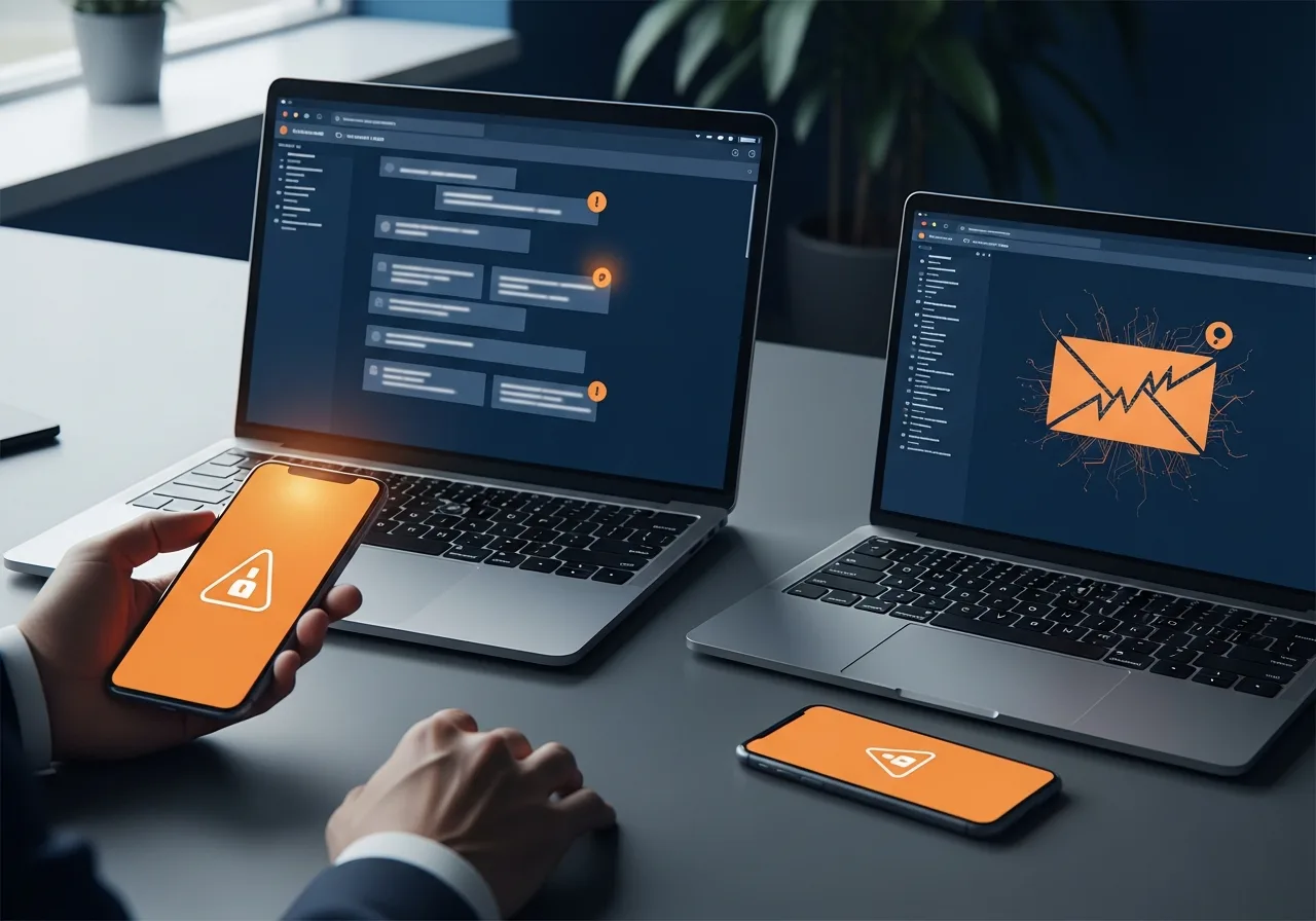 Phishing attacks arriving across multiple channels, with alert notifications on a smartphone and two laptop inboxes on an office desk