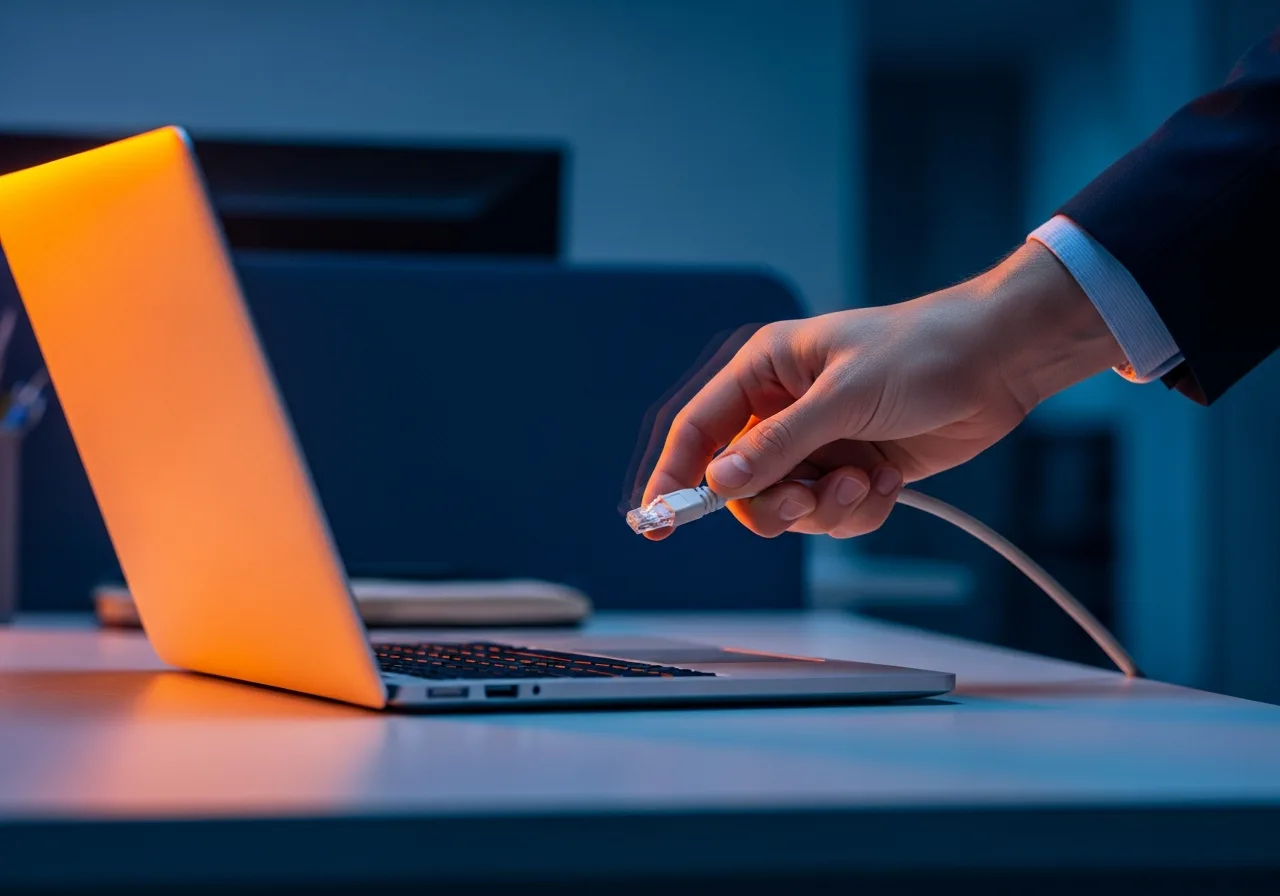 Unplugging a network cable from a laptop to contain a device after a phishing attack