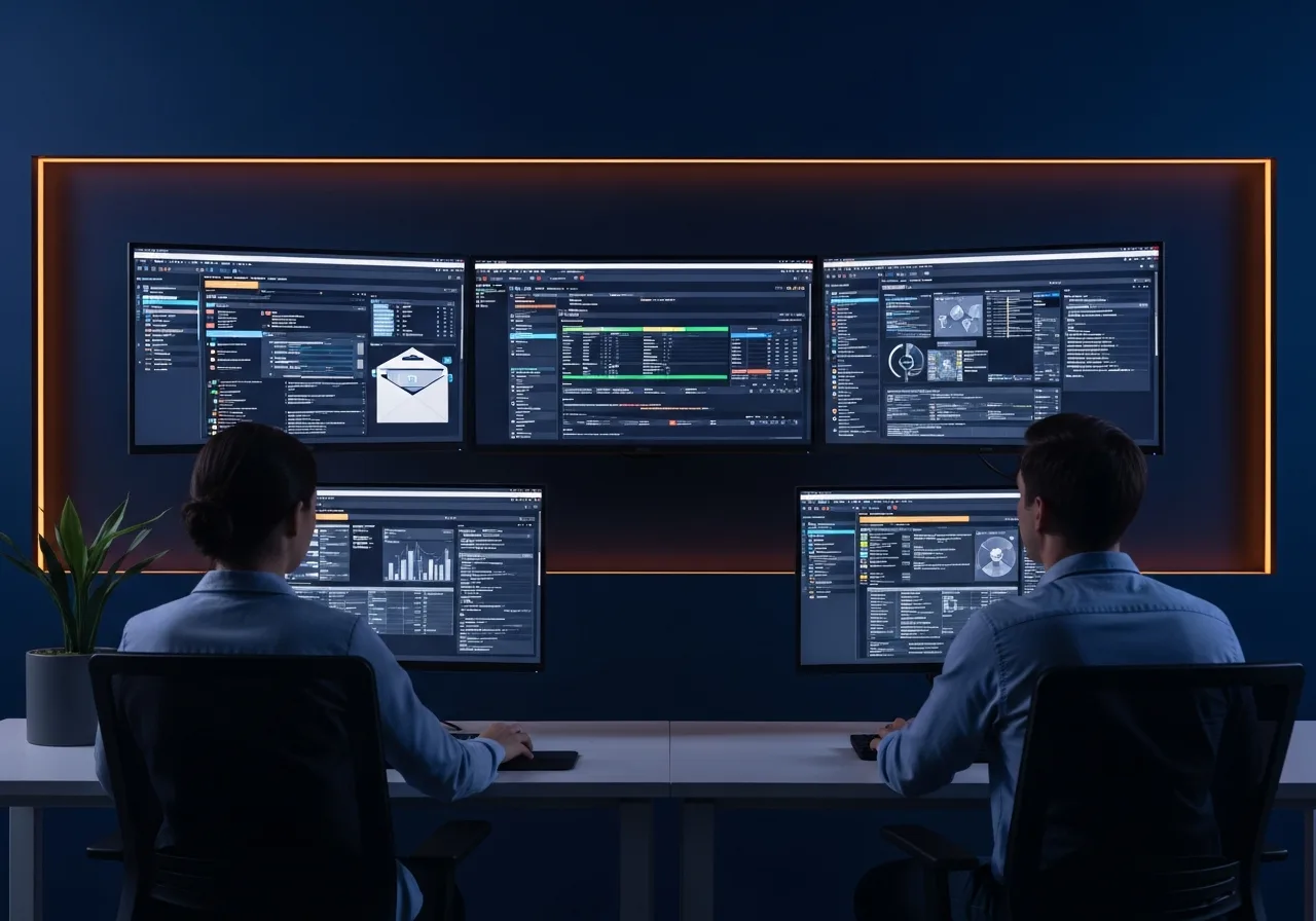 Two security analysts monitoring email threat dashboards for phishing attacks in a security operations center