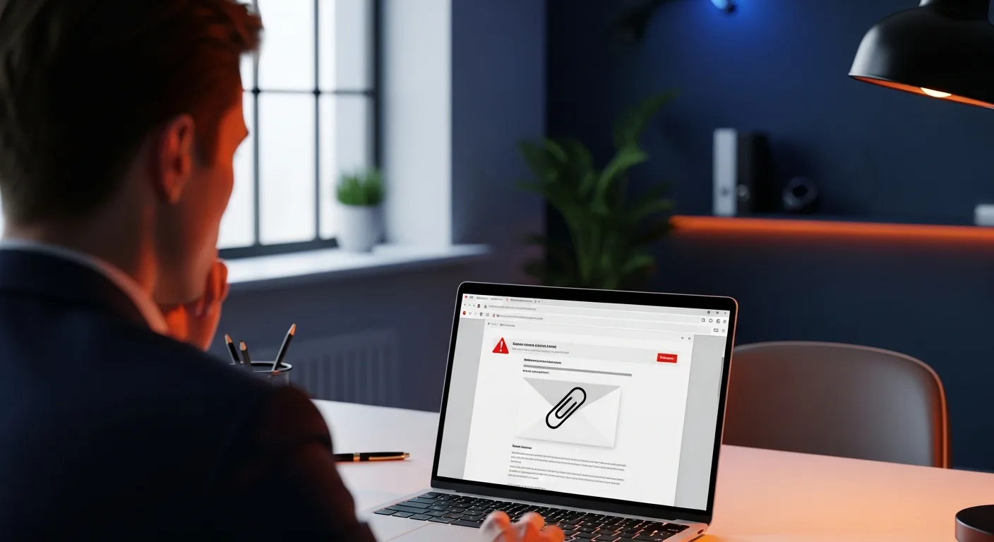 Phishing attacks in progress as a business professional reviews a suspicious email with an attachment and a warning banner on a laptop