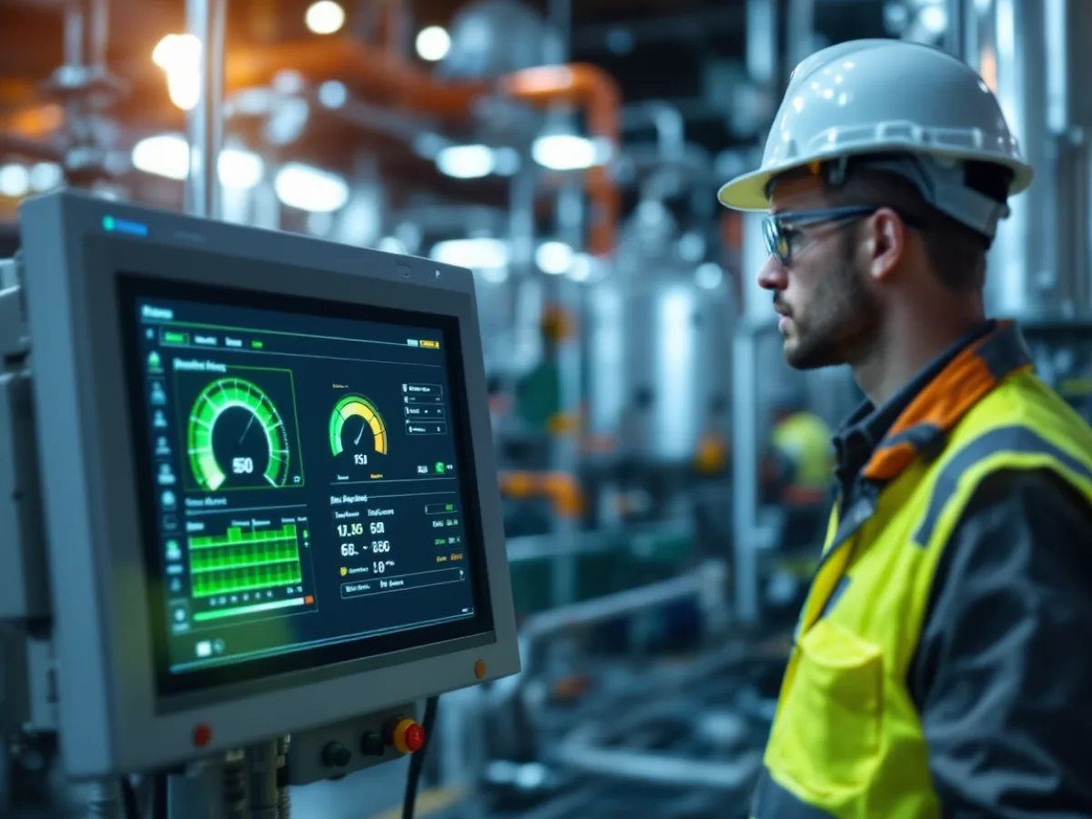 Plant operator in safety glasses reading normal-looking gauge values on an industrial HMI touchscreen terminal