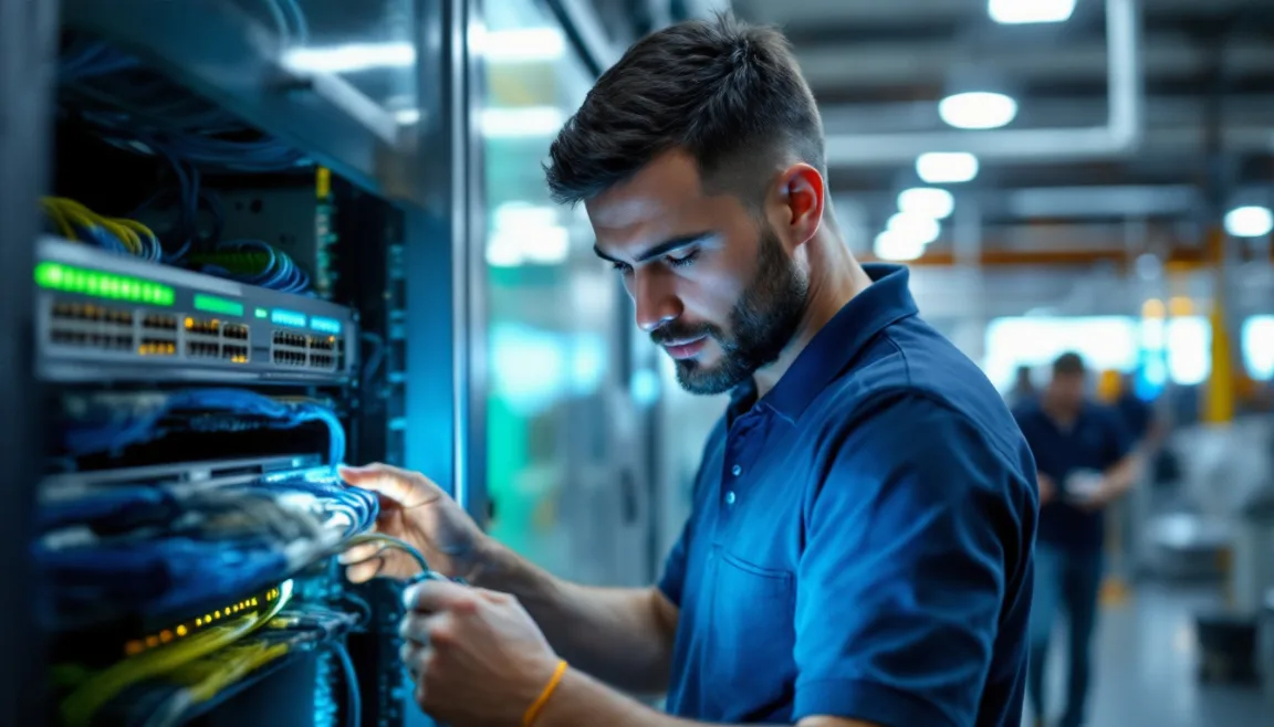 Network rack inside a manufacturing plant IT closet showing segmented cabling between the business network and the plant floor, technician tracing a cable