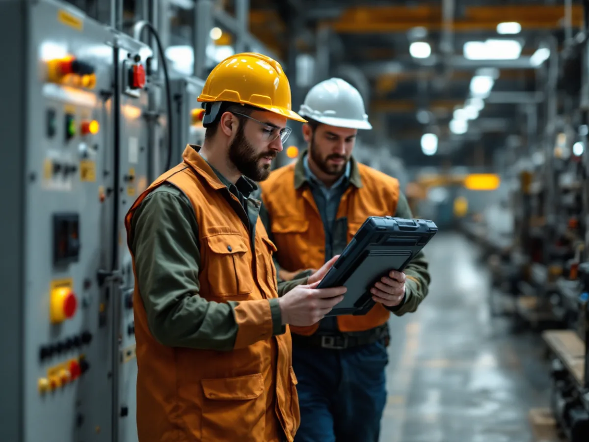 Plant manager in a hard hat and a technician with a tablet cataloguing control panels along a production line