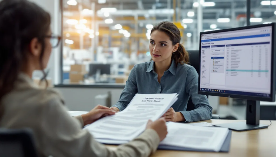 Compliance manager at a Dallas Fort Worth manufacturing plant reviewing prime contract flow-down requirements against a spreadsheet of security controls