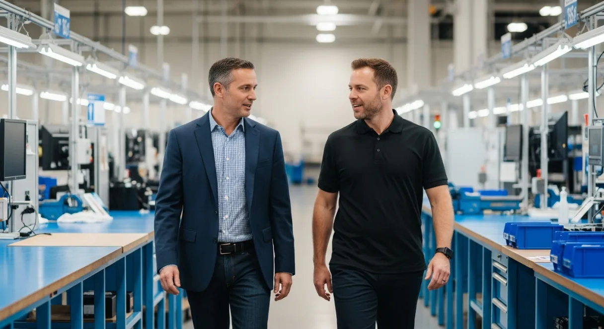 Private equity operating partner walking a Texas portfolio company manufacturing floor with the plant manager