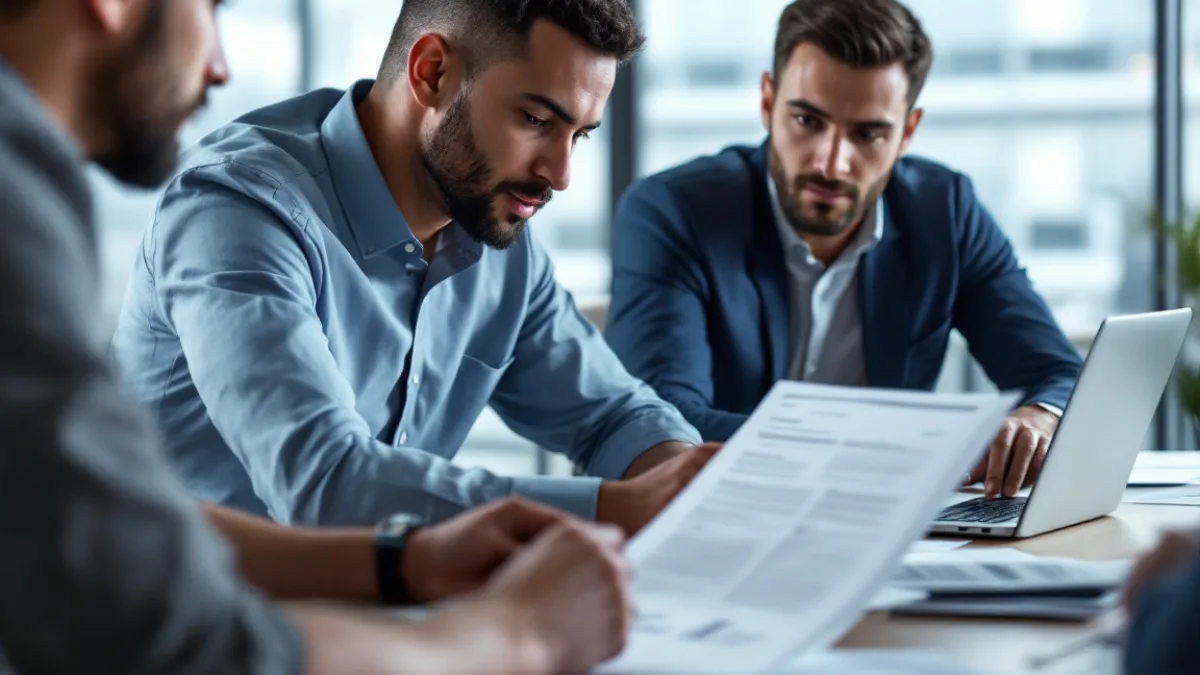 Four colleagues in a quarterly business review reading through printed IT reports around a conference table