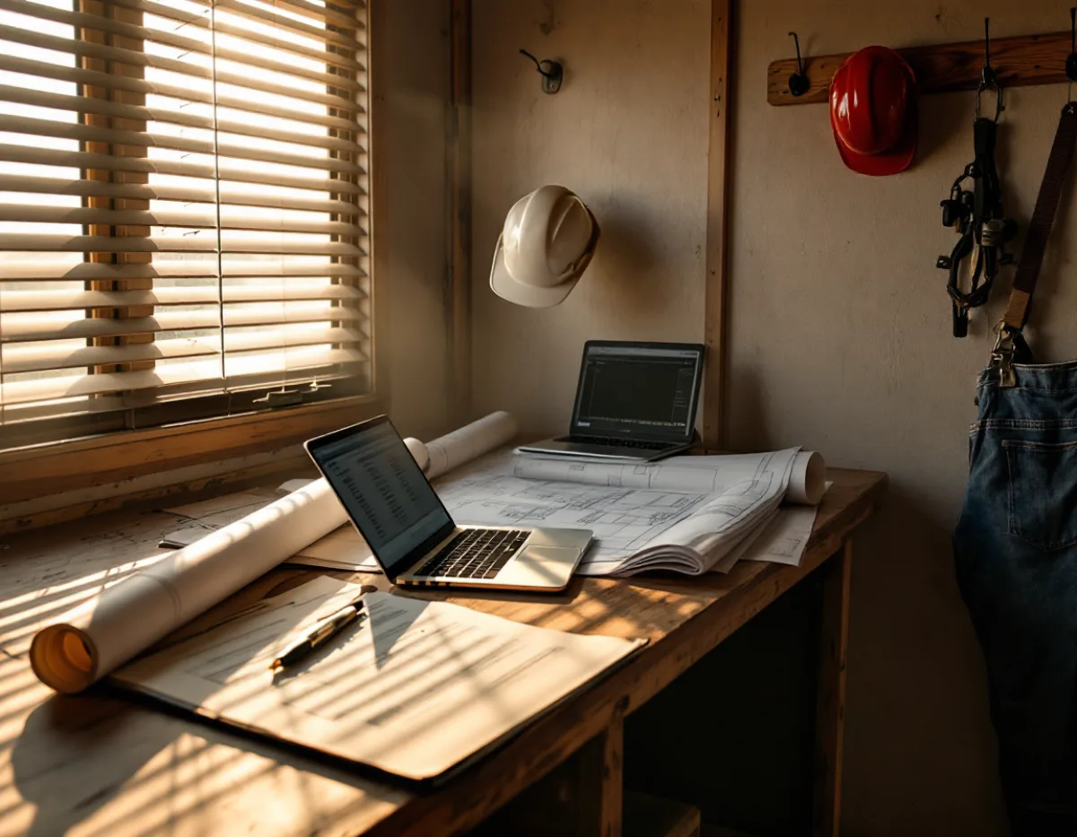 Construction jobsite trailer office with a laptop open beside rolled blueprints, a hard hat and a clipboard of invoices