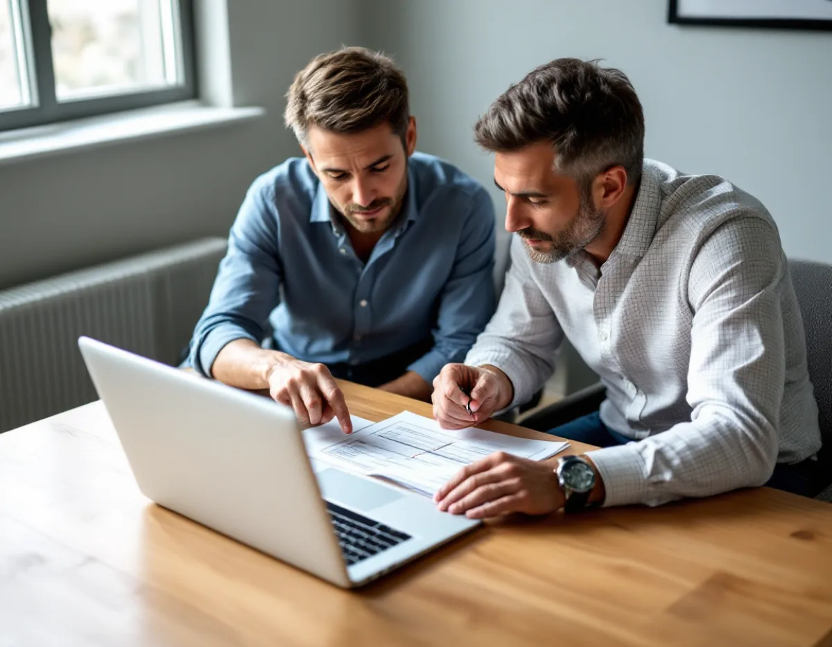 Two business owners reviewing a printed security assessment report together at an office conference table