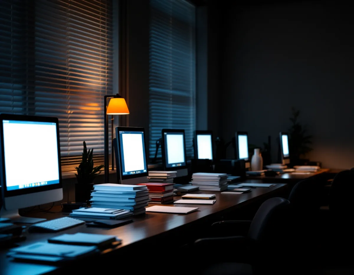 Empty small law office after hours with six unattended desks, stacked case files and one monitor still lit
