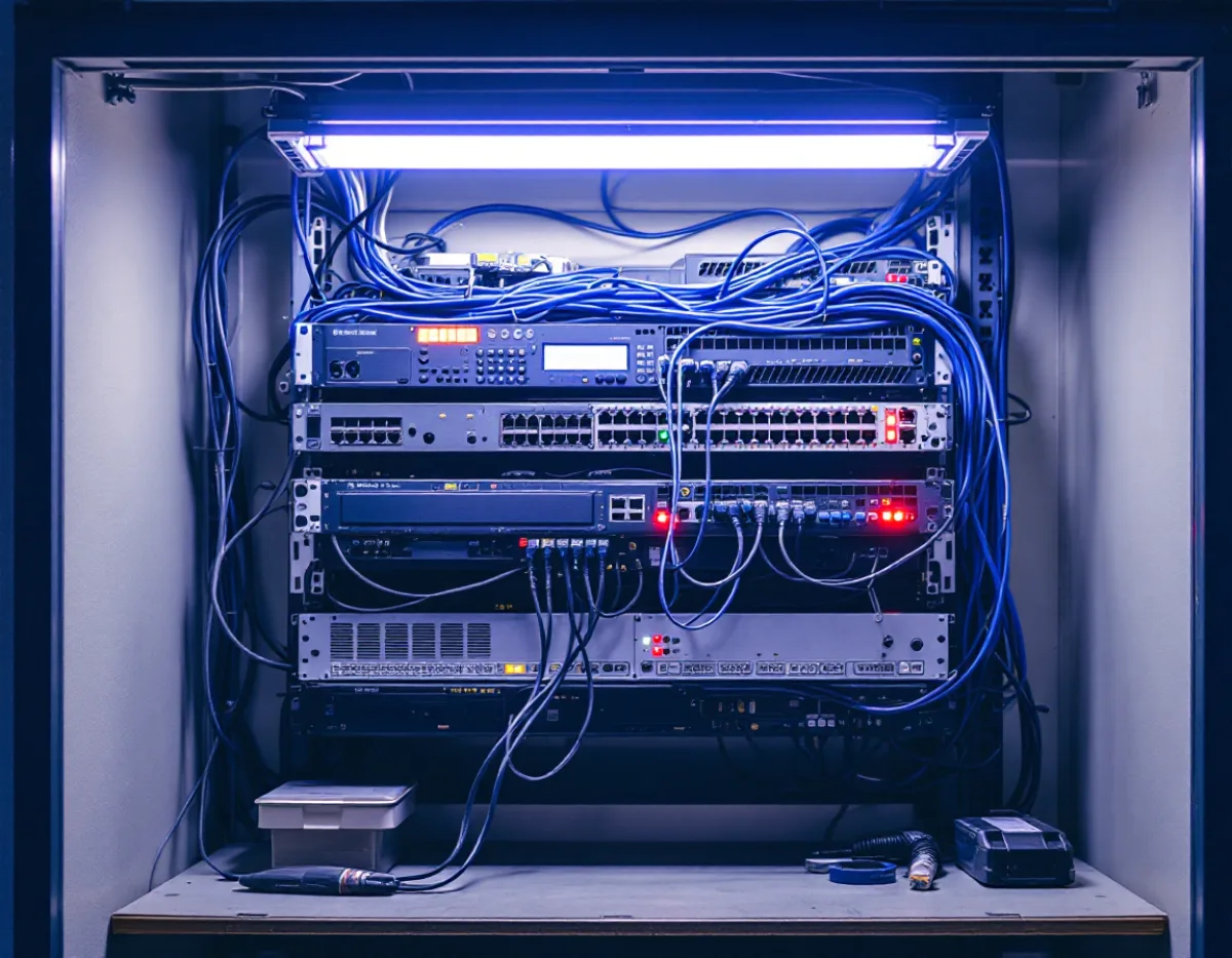 Small business network closet with a wall mounted firewall appliance, network switch and tangled patch cables