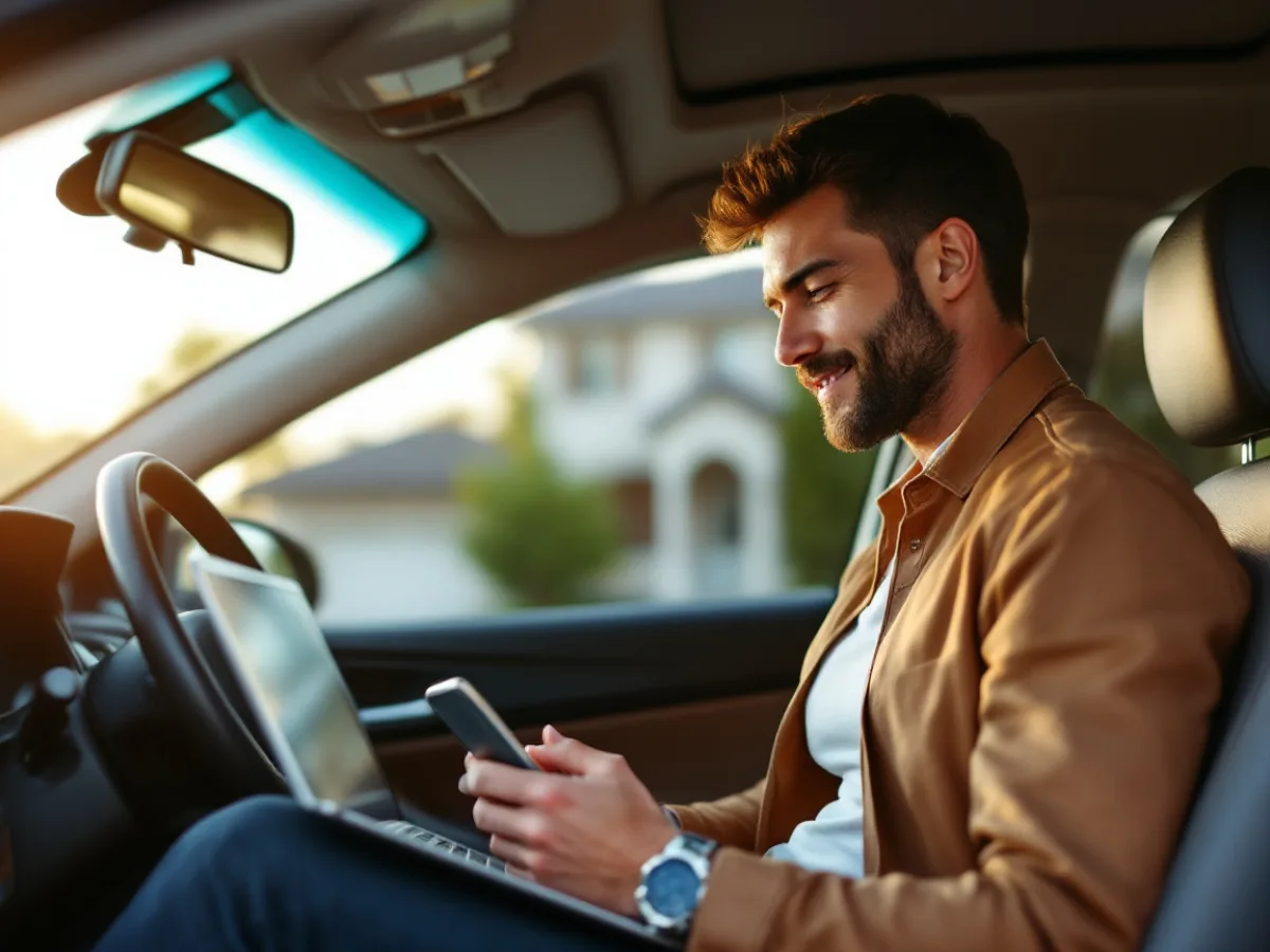 Real estate agent working from a parked car between showings with a phone and closed laptop, an unmanaged device outside brokerage control