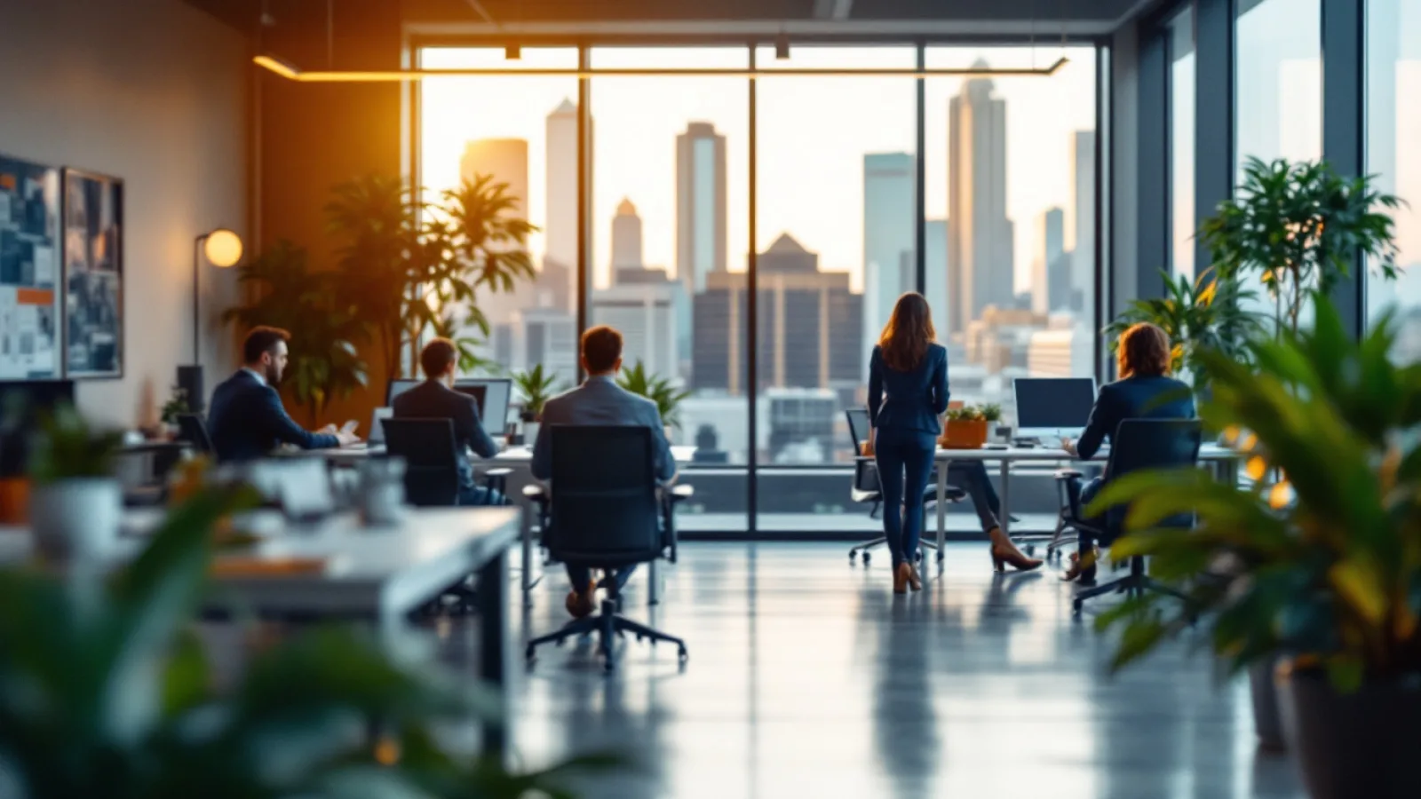 Houston real estate brokerage office with agents working at open plan desks and the downtown skyline visible through the window