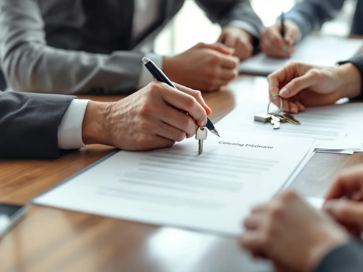 Hands of four parties signing documents at a real estate closing table with a set of house keys beside the paperwork