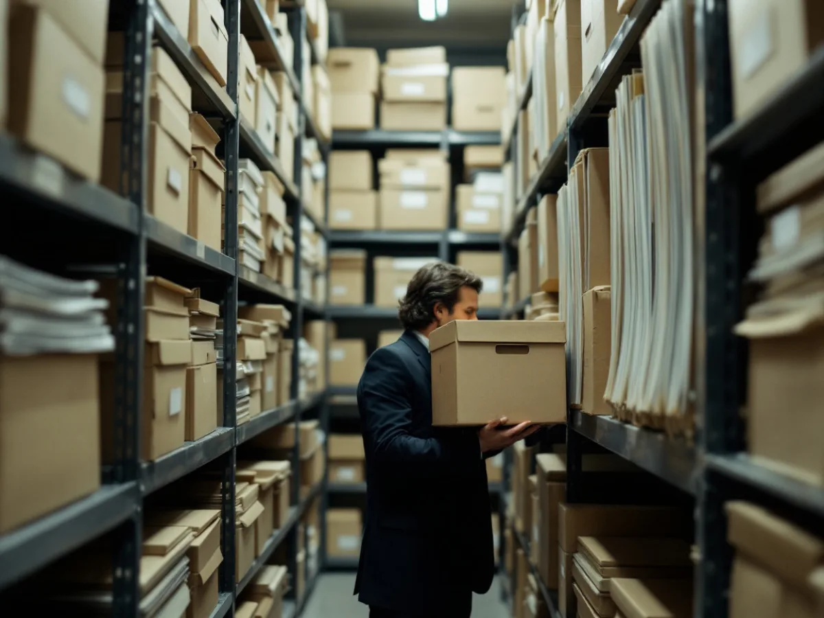 Records storage room of archive boxes and file folders representing the four year transaction record retention duty Texas brokers carry