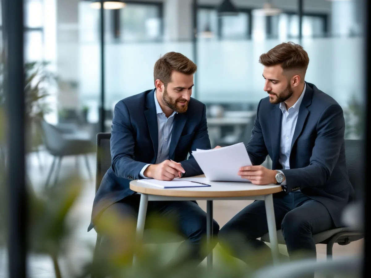 Real estate broker and IT consultant reviewing a printed wire transfer and security policy binder together at a meeting table
