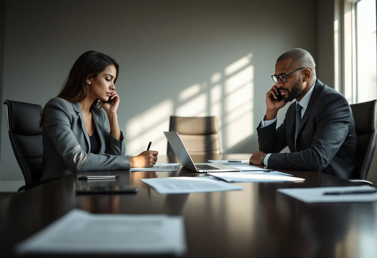 Title company staff verifying wire instructions by phone at a real estate closing table in Texas