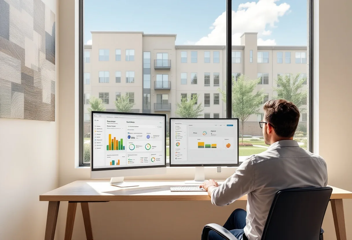 Property manager working in the leasing office of a Texas apartment community with managed IT support