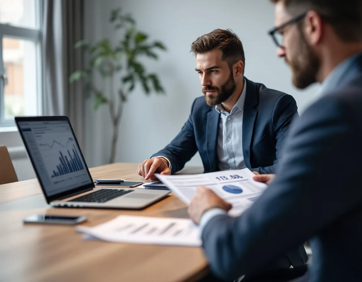 Finance director and IT advisor reviewing an annual technology budget spreadsheet together in a conference room