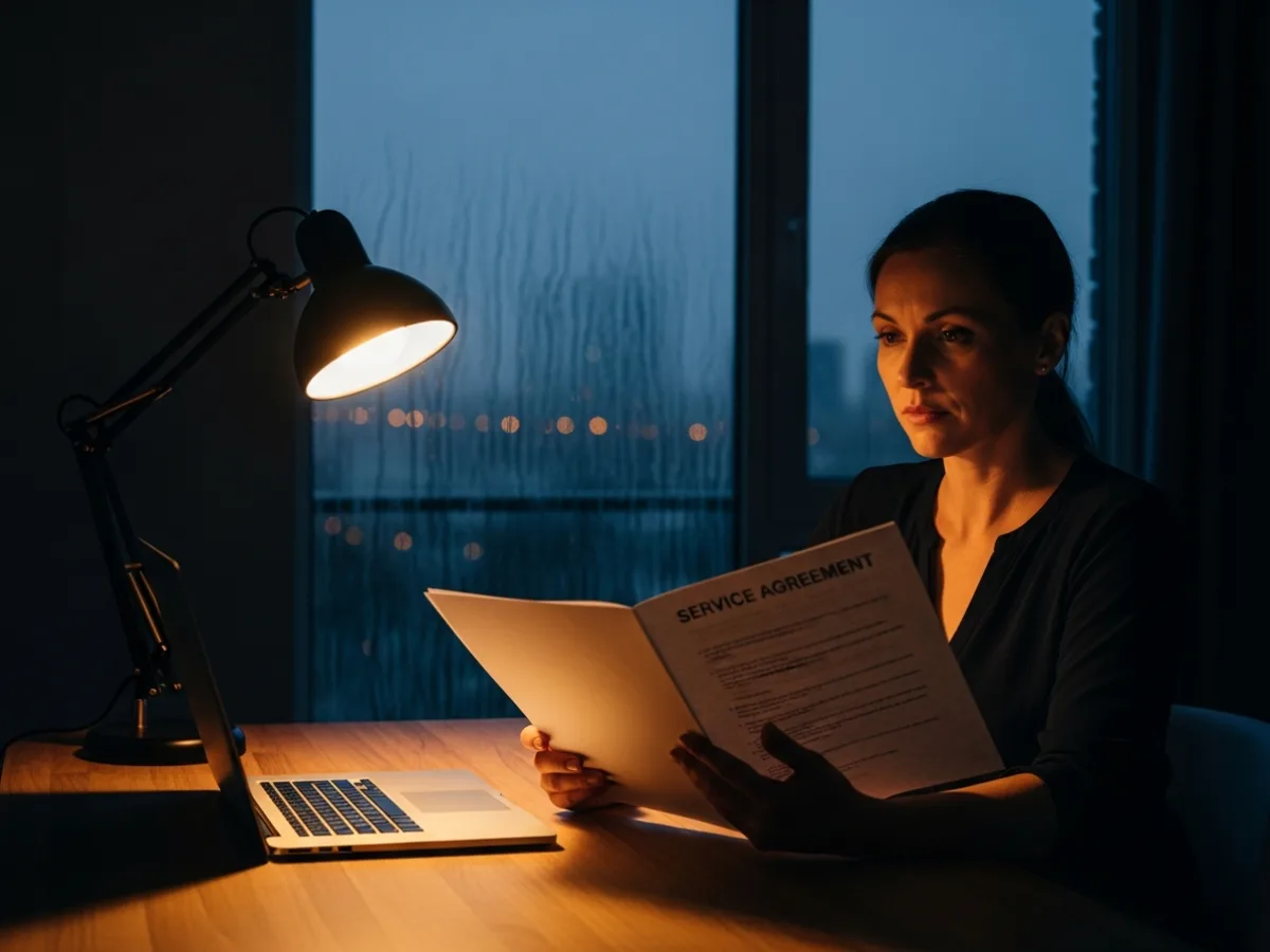 Houston business owner reviewing a managed IT service agreement and response time terms at night