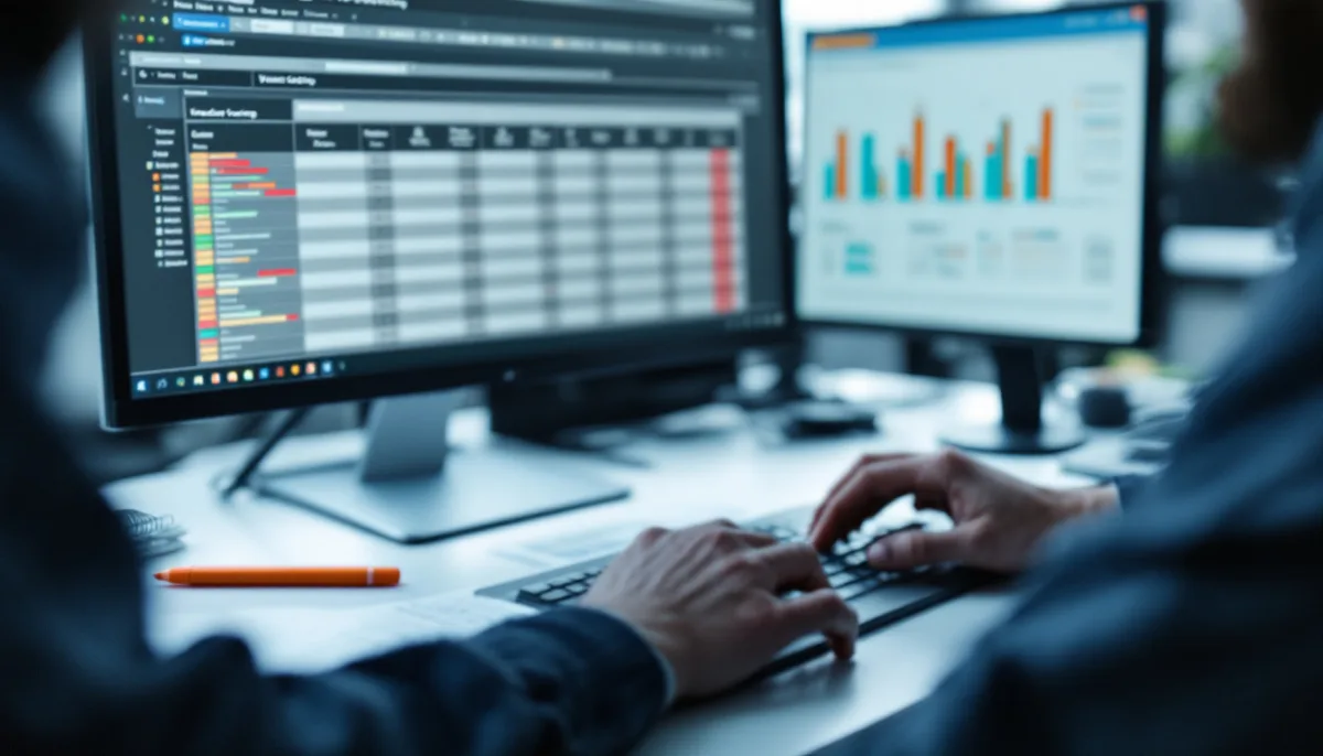 Analyst building a weighted scoring model for San Antonio cybersecurity companies on a desktop monitor