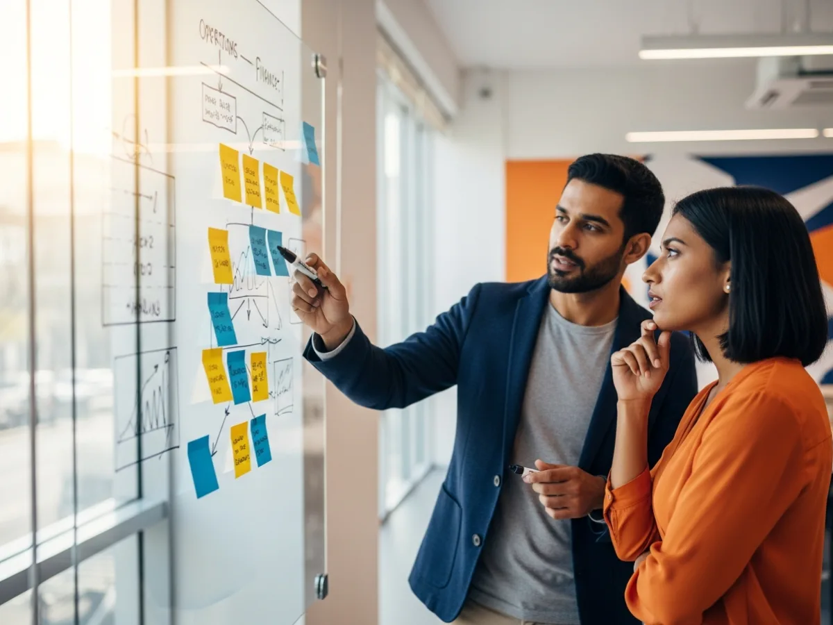 Operations manager and finance lead mapping company IT requirements on a whiteboard before requesting San Antonio MSP quotes
