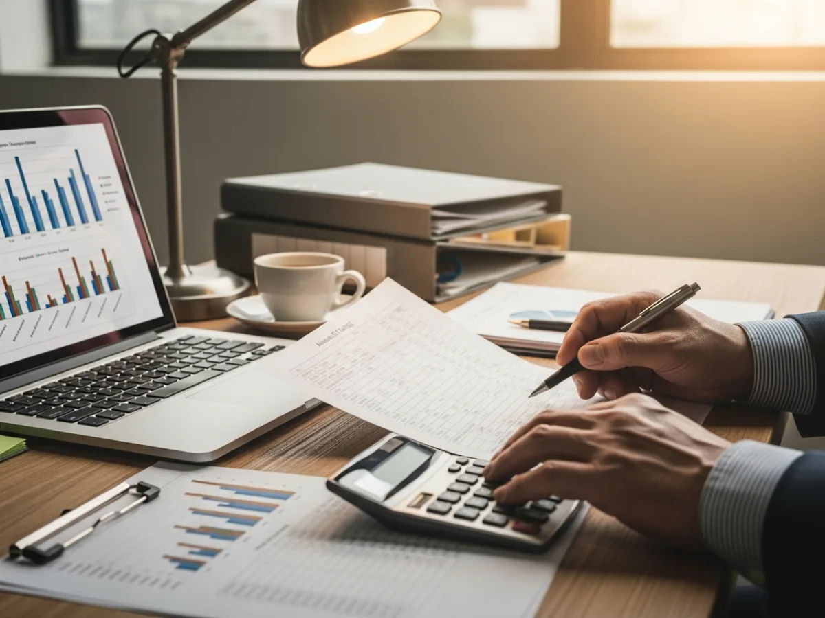 Annual IT budget worksheet, calculator and laptop spending chart used to total the real cost of managed IT in San Antonio