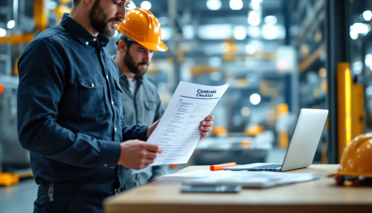Compliance manager at a San Antonio manufacturer reviewing a printed CMMC controls checklist at a standing desk