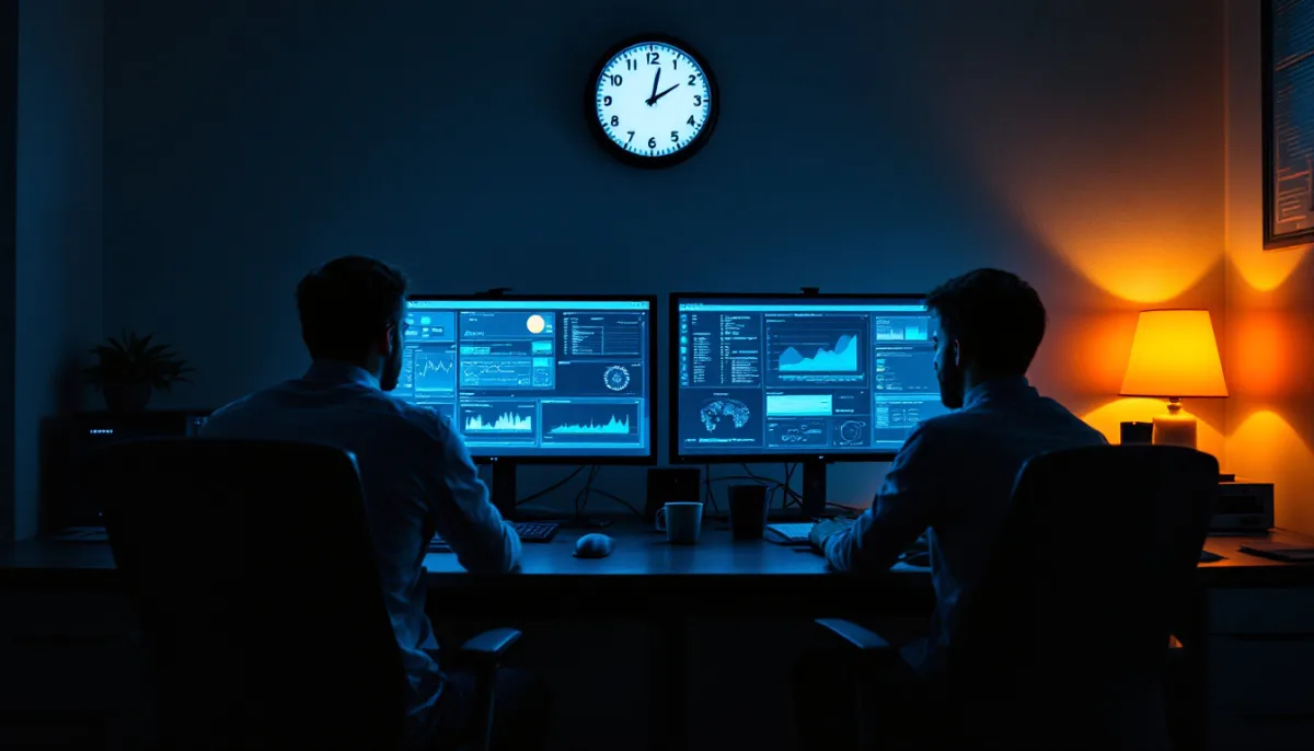 Two security analysts monitoring network telemetry in a San Antonio security operations room late at night