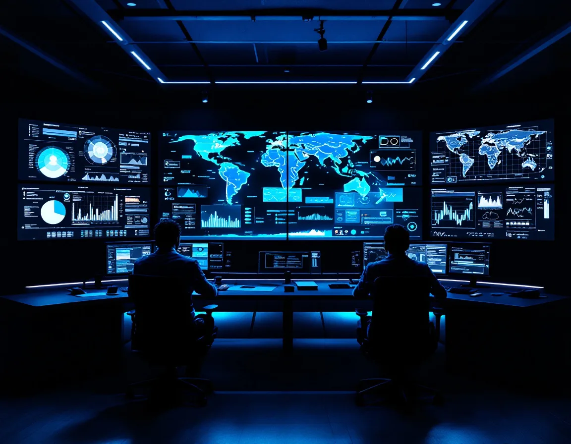 Two security analysts monitoring a wall of network telemetry dashboards inside a security operations centre at night
