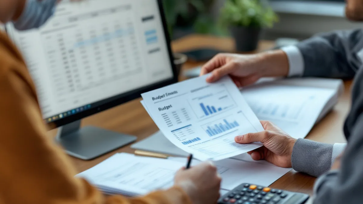 Small business owner and bookkeeper reviewing printed technology budget spreadsheets at a desk