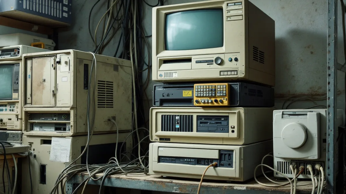 Ageing tower server, stacked old desktop computers and a dusty tape drive in a small office storage room