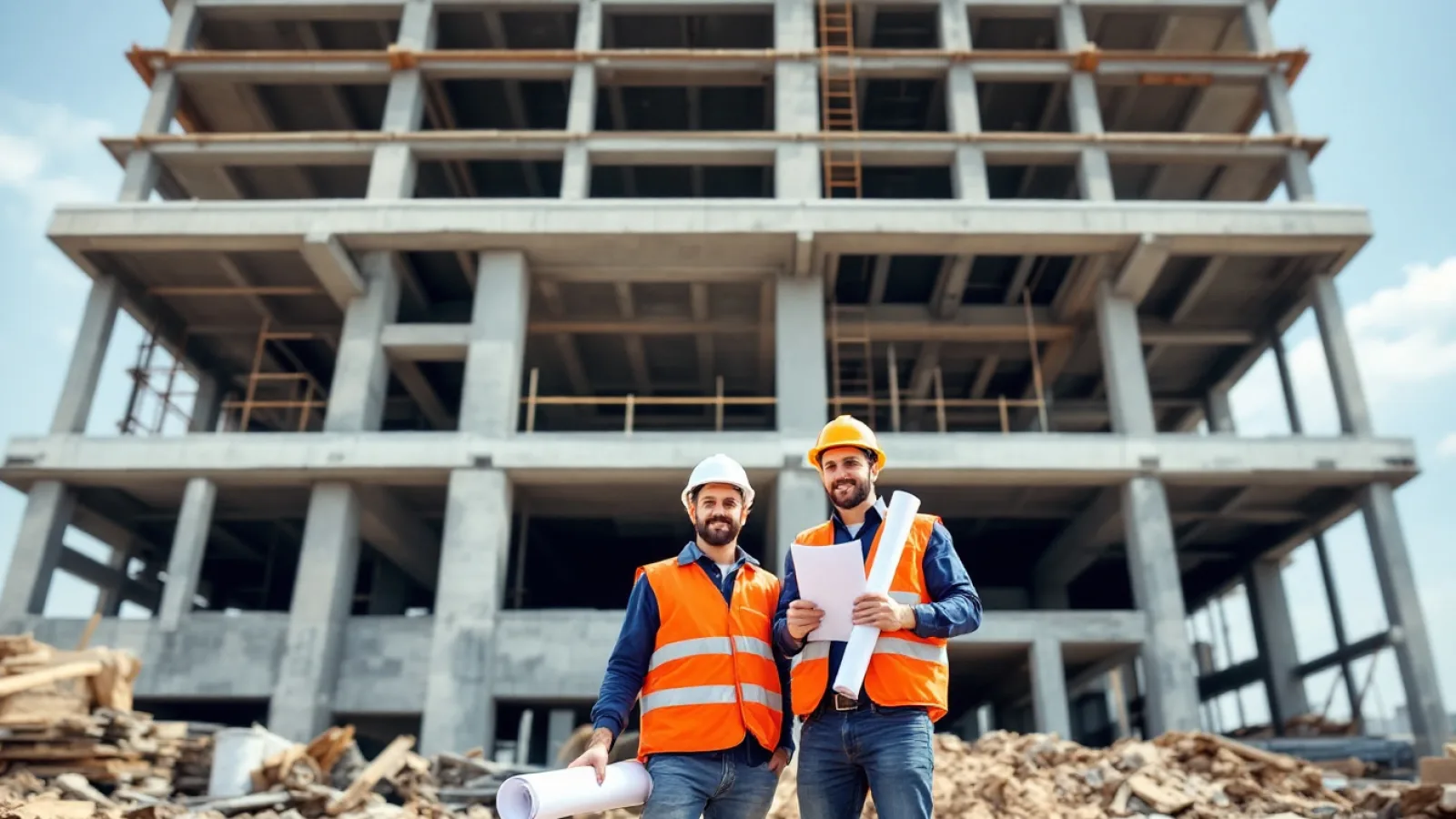 Two general contractor staff in hard hats and high visibility vests holding rolled drawings in front of a mid rise concrete frame under construction in North Texas
