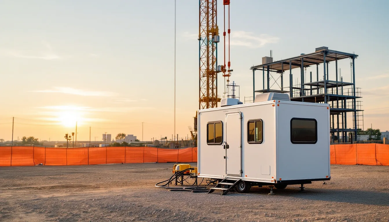 Site office trailer with antenna at a large Texas commercial construction job site with a tower crane at dusk
