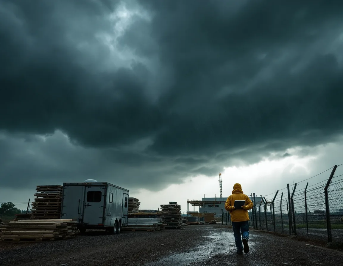 Storm front rolling over a Texas construction job site as a worker carries a rugged tablet toward cover