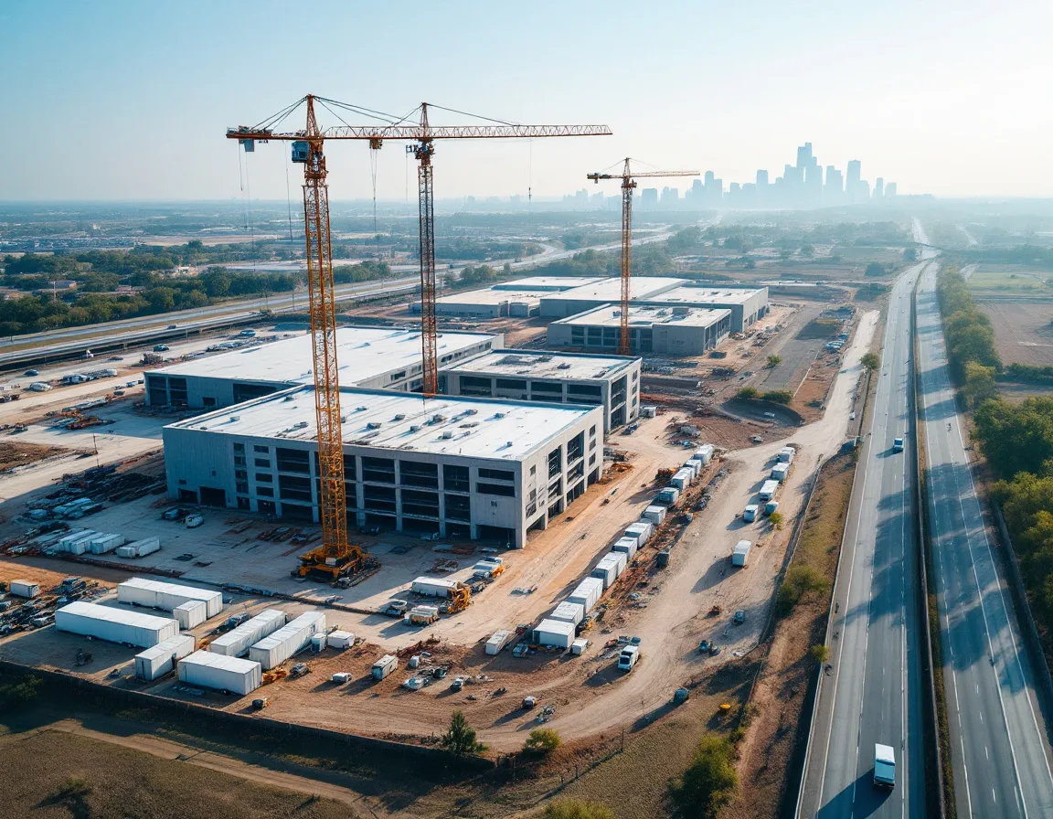 Aerial view of a large Texas metro commercial construction site with two tower cranes and a row of jobsite trailers