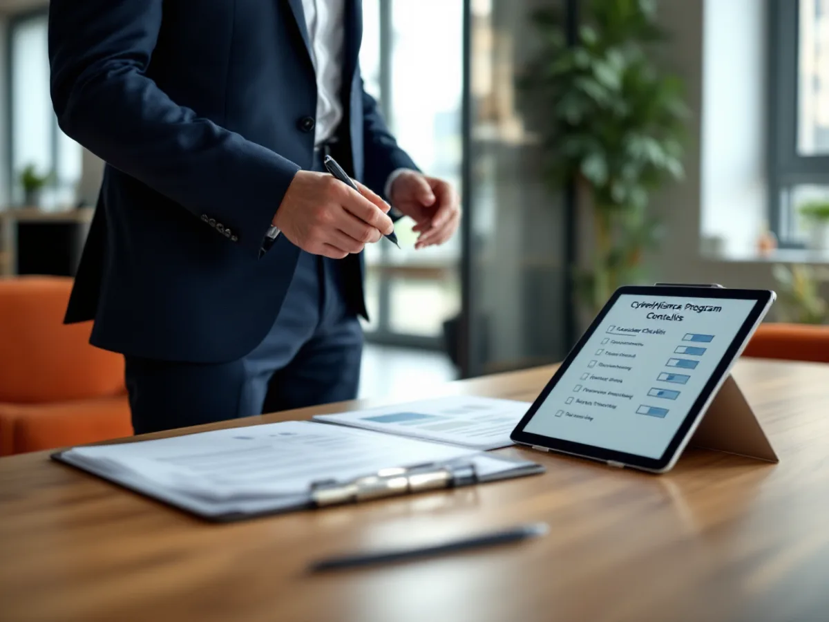 Compliance manager reviewing a Texas cybersecurity program document alongside a framework controls checklist