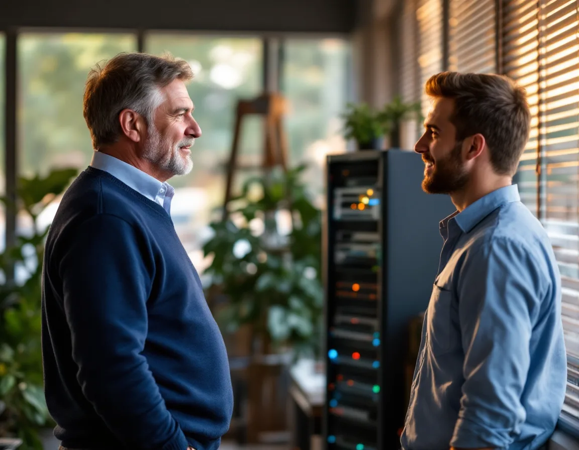 Trif Technologies founder talking with a network engineer beside a server rack in a North Dallas office