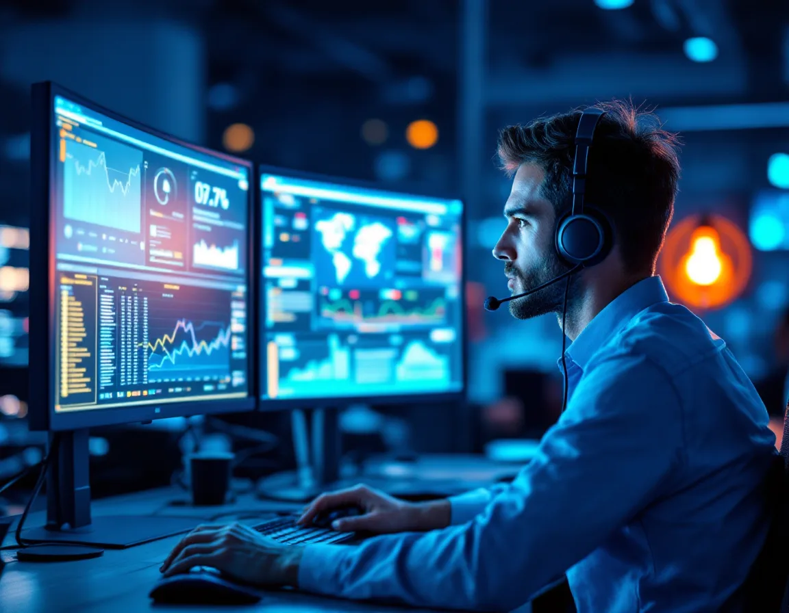 Help desk engineer wearing a headset monitoring 24/7 network dashboards during the night shift
