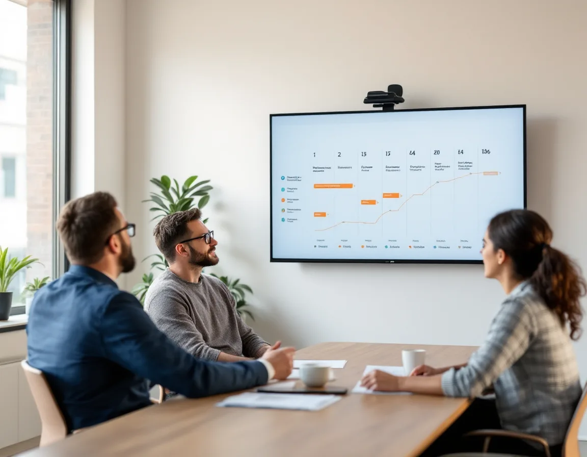 vCIO presenting a 12-month technology roadmap to a small business owner at a Dallas conference table