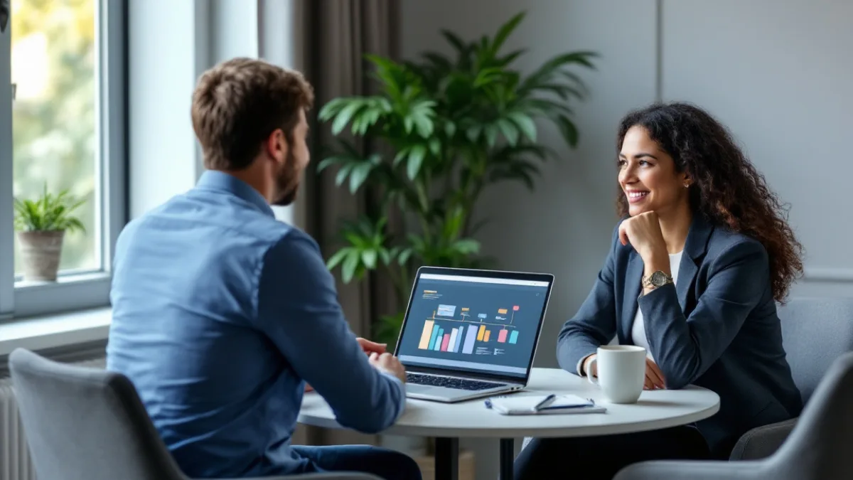Technology consultant walking a small business owner through a technology roadmap on a laptop across a conference table