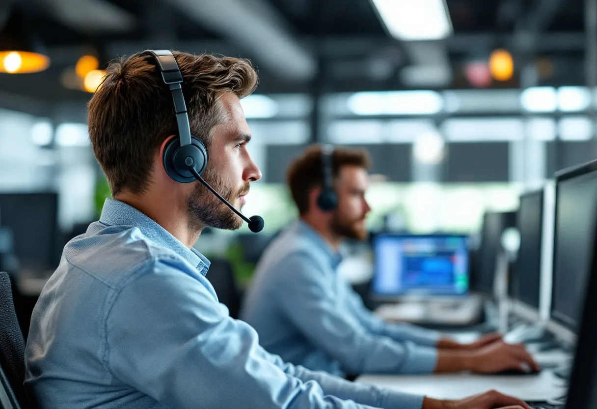 Help desk technician taking a support call while a second engineer works an escalated ticket behind them