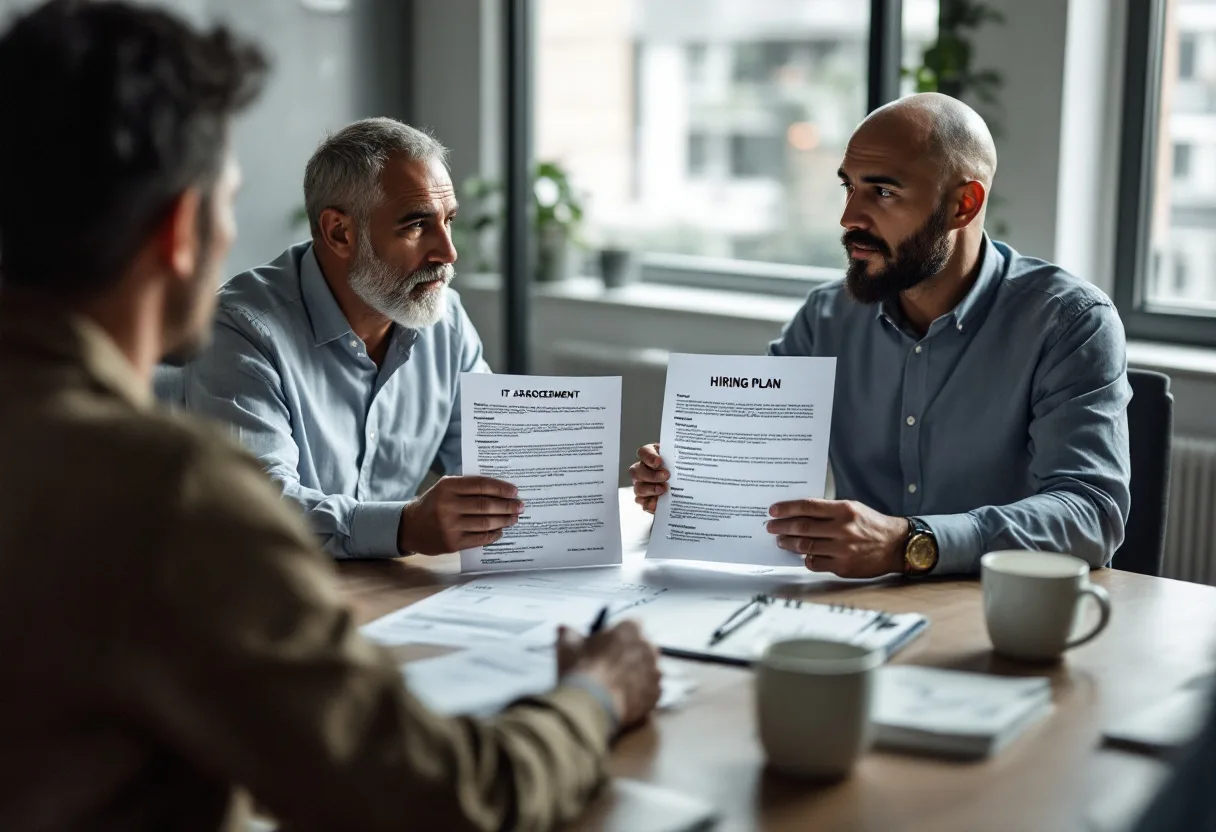 Business owner and IT consultant comparing a managed IT proposal against an in-house hiring plan