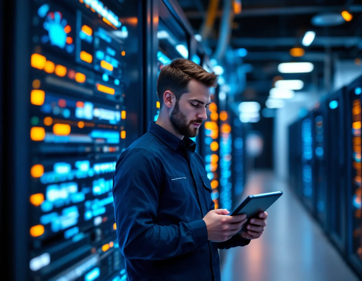 IT technician checking server room equipment with a tablet during managed IT onboarding