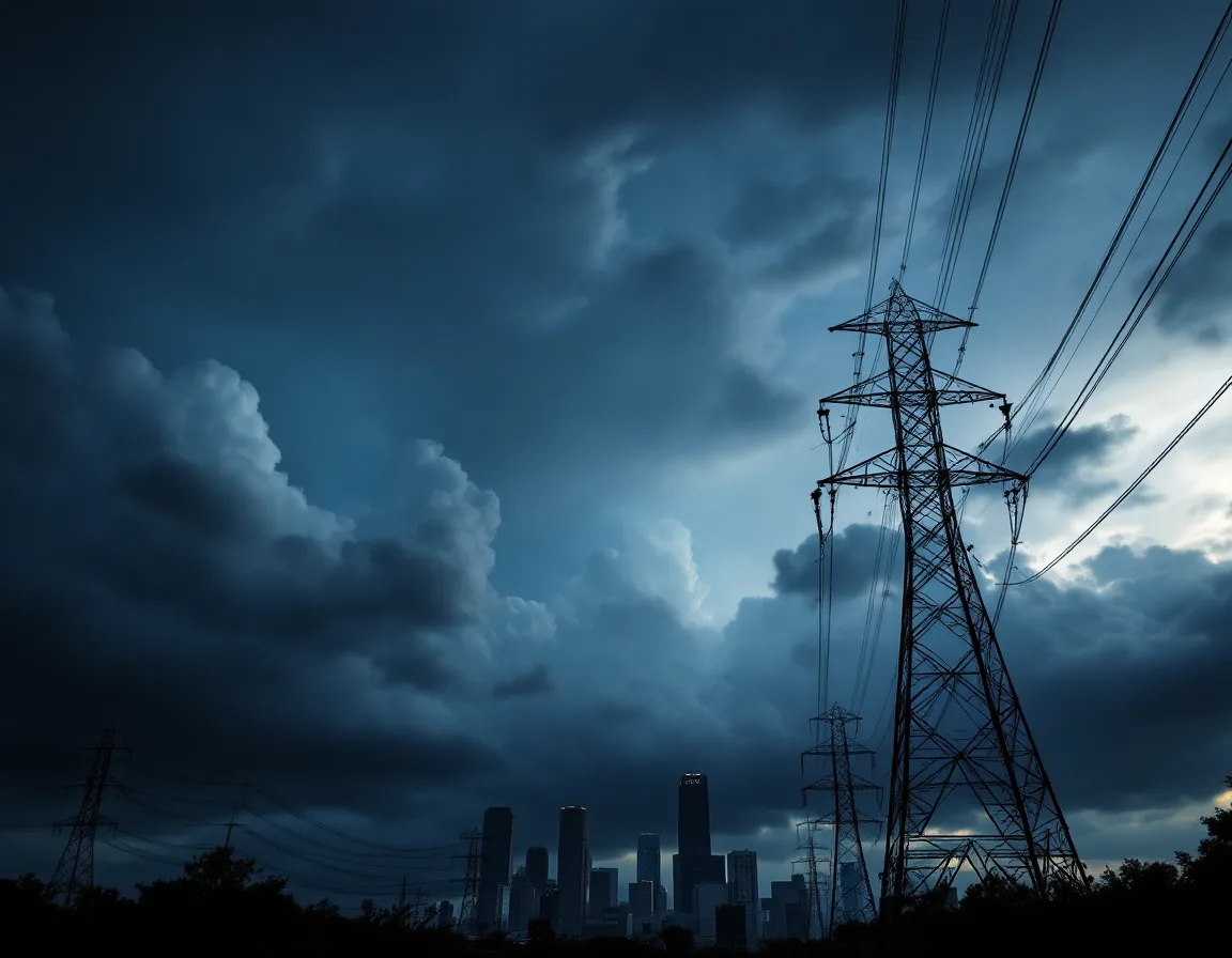 Storm clouds over the Houston skyline with power transmission towers in the foreground