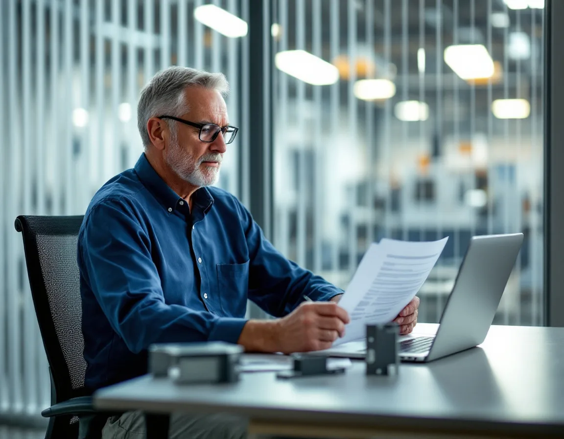 Aerospace machine shop owner in Texas reviewing a printed managed IT services proposal at a desk beside precision aluminum components