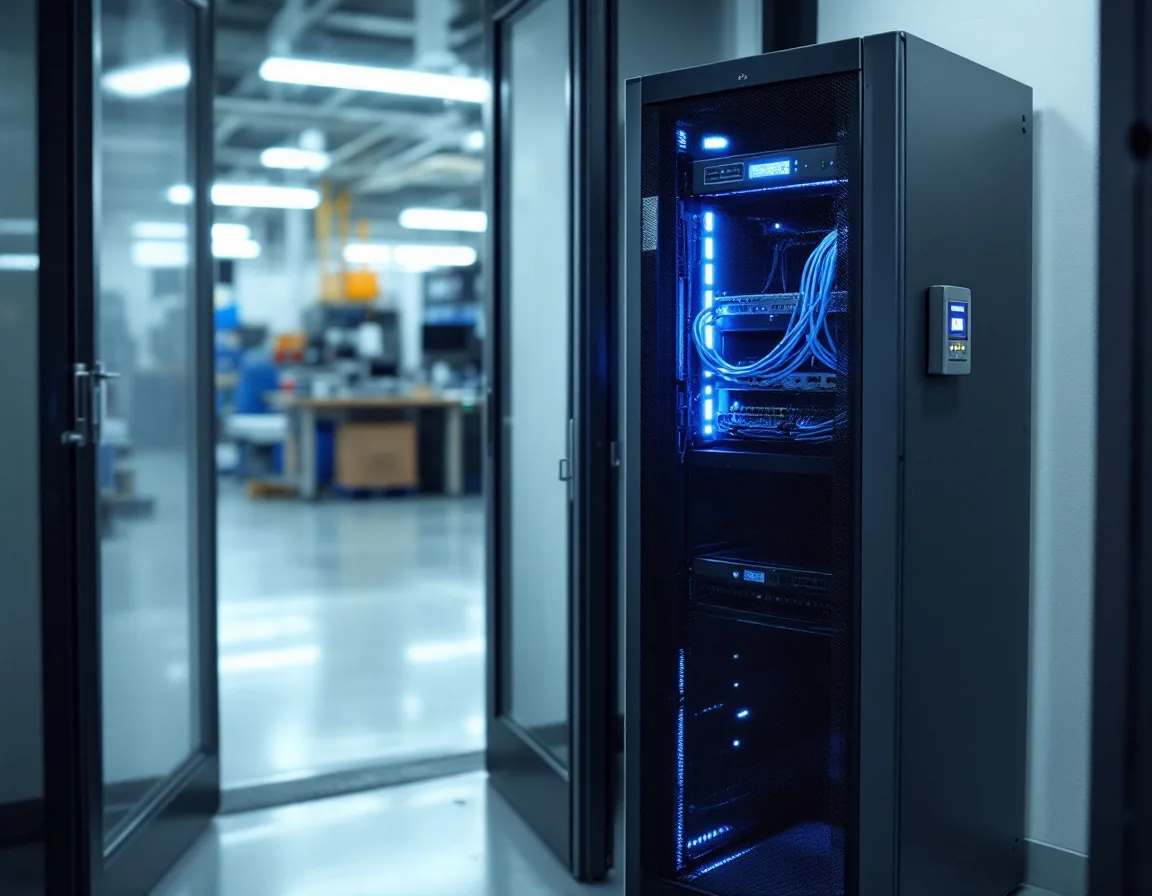 Locked half-height network rack with a card reader beside the door inside a small aerospace subcontractor facility