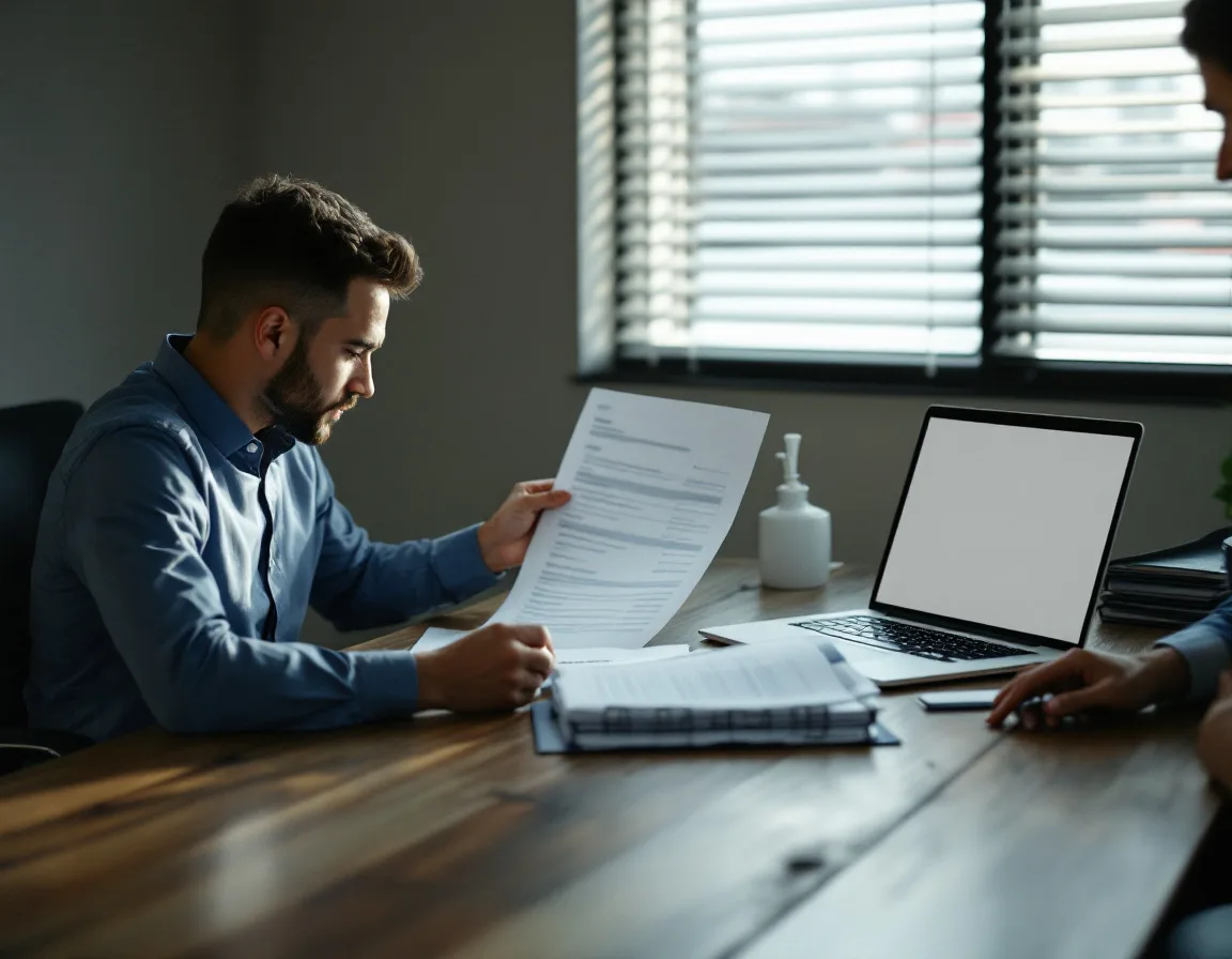 Two colleagues at an aerospace supplier comparing two printed prime contractor cybersecurity questionnaires side by side beside an open laptop